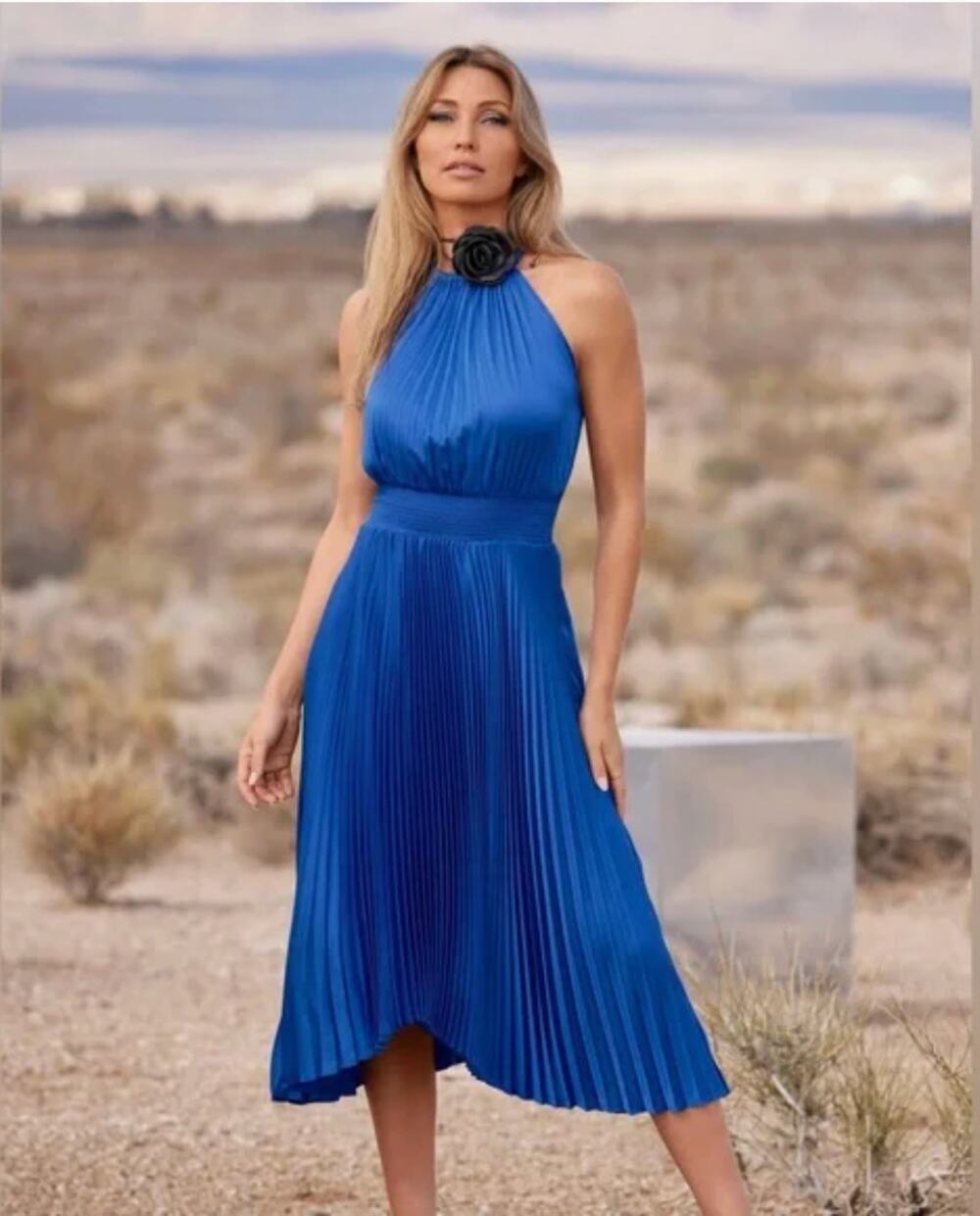 BOSTON PROPER | Blue Pleated Charmeuse HIgh Neck Midi Dress | Medium
